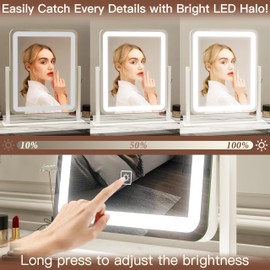 FENNIO Vanity Mirror with Lights - 15"x12.6" LED Lighted Makeup Mirror, Large Makeup Mirror with Lights, Touch Screen with 3-Color Lighting, Dimmable, for Vanity Desk Tabletop, Bedroom