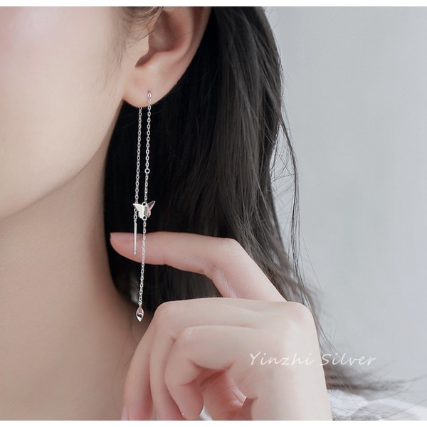 Handmade 925 Sterling Silver Plated Butterfly Threader Dangle Drop Earrings