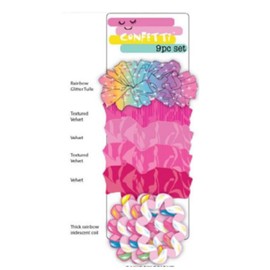 Cudlie Confetti 9 Pack Kids Hair Accessories for Girls - 5 Cute Scrunchies and 4 Spiral Coil Pony Tails Hair Ties Set - No Damage Hair Ties