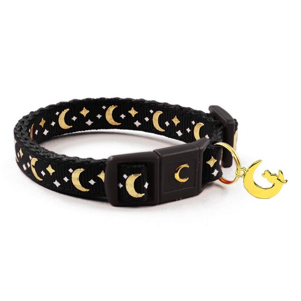 waaag Gold Moons and Stars Safety Breakaway Cat Collar, Glow in The Dark (Standard 9"-15" Neck, Black)