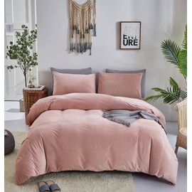 Houseri Pink Velvet Comforter Set Full Fluffy Blush Bedding Light Flannel Sets Teens Furry Dusty Sherpa Comforters Warm Fuzzy Blanket, Full(80''*90''-Comforter)