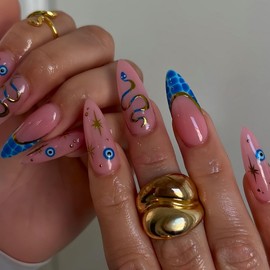 24Pcs Almond Press on Nails Long Stiletto Fake Nails Blue French Tip False Nails with Snake, Eye Patterns Design Artificial Acrylic Nails Press ons Goth Nails Reusable Stick on Nails for Women