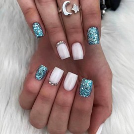 French Tip Press On Nails Fake Nails Medium Short Coffin Square with White Blue Glitter Designs Glossy Acrylic False Nails Glue on Nails Full Cover Thick Stick on Nails for Women Girls 24Pcs D748
