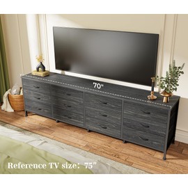 Huuger 70 Inch Dresser for Bedroom, TV Stand for 65, 75, 80 Inch TV,12 Drawer Long Dresser, Large Storage Organizer Unit, Fabric Drawer for Bedroom, Charcoal Black Wood Grain Print