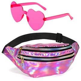 Holographic Fanny Packs for Women Men,Heart Sunglasses,80s 90s Fanny Pack,Crossbody Fanny Packs for Women,Metallic Color Sport Waistbag,Pink Fanny Pack,Shiny Waist Pack,Rimless Heart Glasses