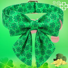 DOGWONG St. Patrick's Day Dog Collar-Cute Clovers Dog Collar with Bow, Cotton Trefoil Bowtie Dog Collars with Metal Buckle for Small Medium Large Dogs