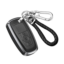 ontto Alu Car Key fob Cover Keychain fit for Ford Bronco Ecosport Escape Explorer F150 F250 F350 Fusion Mondeo Mustang Ranger Leather 3 button Smart Key Shell Case key holder keyring accessories Black