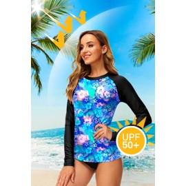 Deerose Womens Long Sleeve Rash Guard Shirts Tropical Surf Beach Uv Protection Rashguard Swimwear L Blue Floral