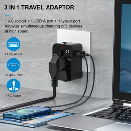 Universal Travel Adapter with USB C, HITRENDS Worldwide All in One International Power Adapter, Travel Converter and Adapter for USA, EU, UK, AUS, Thailand (Type A/C/G/I)