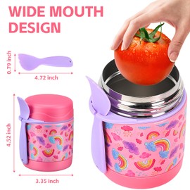 Pawtong 10oz Soup Thermo for Hot Food Kids Insulated Food Jar,Thermo Hot Food Lunch Container, Width Mouth Stainless Steel Lunch Box for Kids with Spoon (Pink-rainbow)