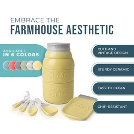 Vintage Mason Jar Kitchenware Set by Comfify - Multi-Piece Kitchen Ceramic Decor Set w/ 4 Measuring Cups, 4 Measuring Spoons and Spoon Rest - Attractive Vintage Style, in Yellow Embossed Ceramic