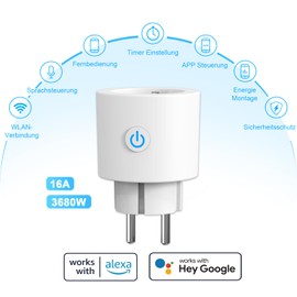 Antela WLAN Smart Socket with Current Measurement 16 A, Smart Home Socket Compatible with Alexa/Google Home, Power Consumption Measurement, Voice Control, App Remote Control, 2.4 GHz, 4 PCs