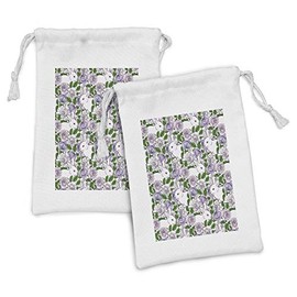 Ambesonne Natural Fabric Pouch Set of 2, Botanic Theme Rabbits Pattern in Roses and Leaves Motifs, Small Drawstring Bag for Toiletries Masks and Favors, 9" x 6", Pale Pink Pastel Purple