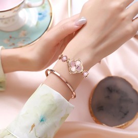 NIBOSI Women's Bracelet, Crystal, Cute, Stylish, Waterproof, Women's, Quartz Watch, Simple, Brand, Gift, Luxury, Bangle, Smaller, Watch, Green, L2617 Pink, Bracelet Type