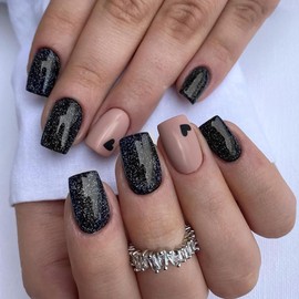 AkiliBIELY Short Medium Press on Nails Square Black Heart Brown Cute Bling Glue on Nails Women Fake Nails Acrylic Gel Stick on Nails Fantasy Design Classy Aesthetic False Nails Wedding Birthday
