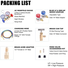 JIFETOR 3 Way AC Manifold Gauge Set, HVAC Diagnostic Charging Tool for Auto Household R404A R134A Refrigerant, with 5FT Hose, Adjustable Quick Coupler, Can Tap and Adapter