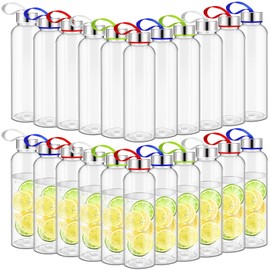 Zubebe 20 Pcs Reusable Clear Water Bottles Bulk with Stainless Steel Leak Proof Lids Sports Bottles with Nylon Camying Strap for Party Gift Water Milk Smoothie Juice Beverage (17 oz)