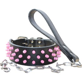 haoyueer Pink Spiked Studded Dog Collar 2 Inch in Width Leather Dog Collars Chain Leash Combo Set Fit Medium & Large Dogs Pitbull Husky Mastiff Terrier (L, Black)