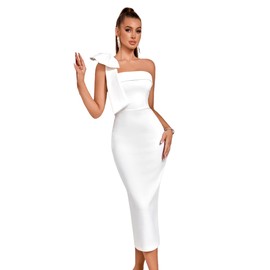 ADYCE Gala Dresses for Women Formal Party Cocktail Bodycon Evening One Shoulder Wedding Guest Dress Bow Midi Prom Night Gowns (US, Alpha, Medium, Regular, Regular, White)