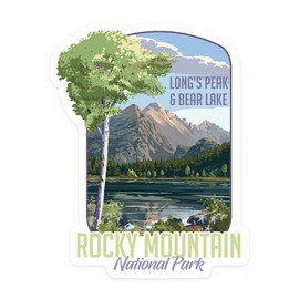 Die Cut Sticker Rocky Mountain National Park, Colorado, Long's Peak and Bear Lake, Summer, Contour Vinyl Sticker 1 to 3 inches (Waterproof Decal for Cars, Water Bottles, Laptops, Coolers), Small