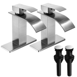 FRANSITON Brushed Nickel Waterfall Bathroom Faucet Lavatory Single Handle 1 or 3 Hole Bathroom Sink Faucet Washbasin Faucet with Deck and Pop-up Drain (Brushed Nickel- Set of 2, Short)