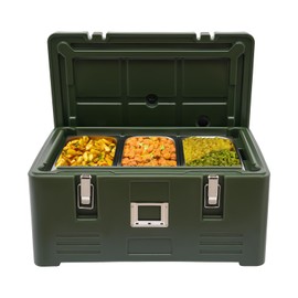 Treliamd Insulated Food Pan Carrier, 30L/31Qt Capacity, Stackable Catering Hot Box w/ 3 Stainless Steel Pans, Top Load LLDPE Food Warmer w/2 Handles & 4 Buckles, for Restaurant Canteen, Green