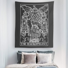The Hierophant Tarot Card Tapestry (Black & White) - Cthulhu - Vintage Horror Home Decor Wall Hanging (60" x 50")