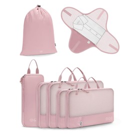 WANDF 7 Set Compression Packing Cubes for Travel, Shirt Folder for Wrinkle-Free, Suitcase Organizer Bags Set for Carry-On Checked Luggage Duffle Bag Women Men(Pink)