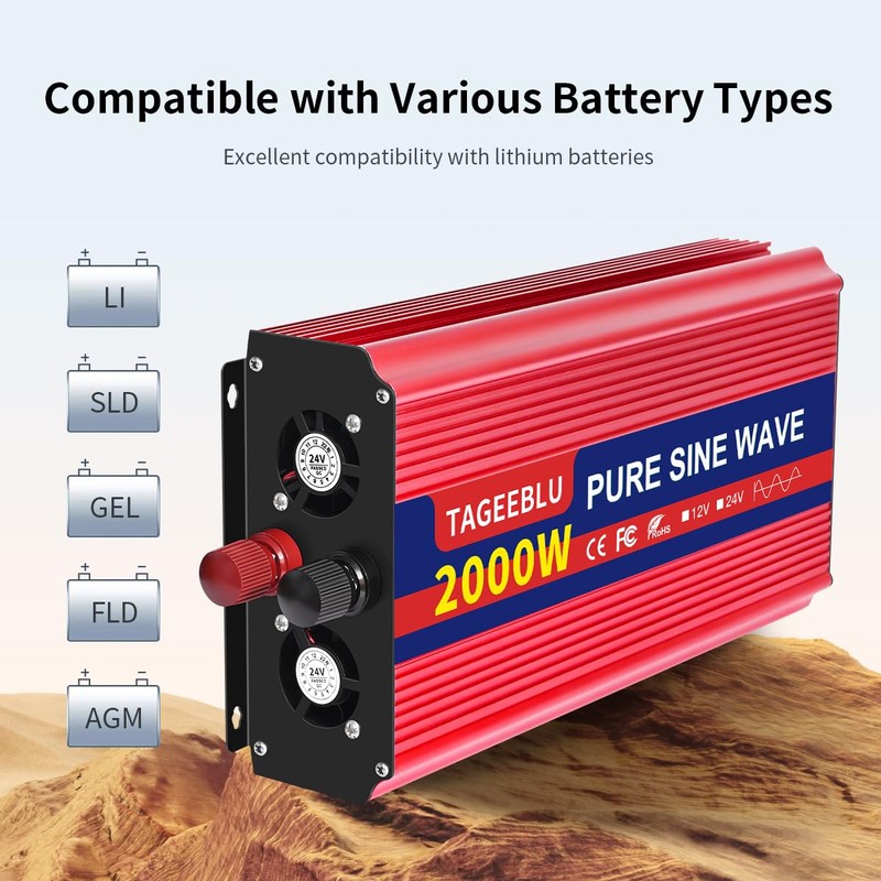 TAGEEBLU 2000 W（4000 Peak） Pure Sine Wave Power Inverter 12V