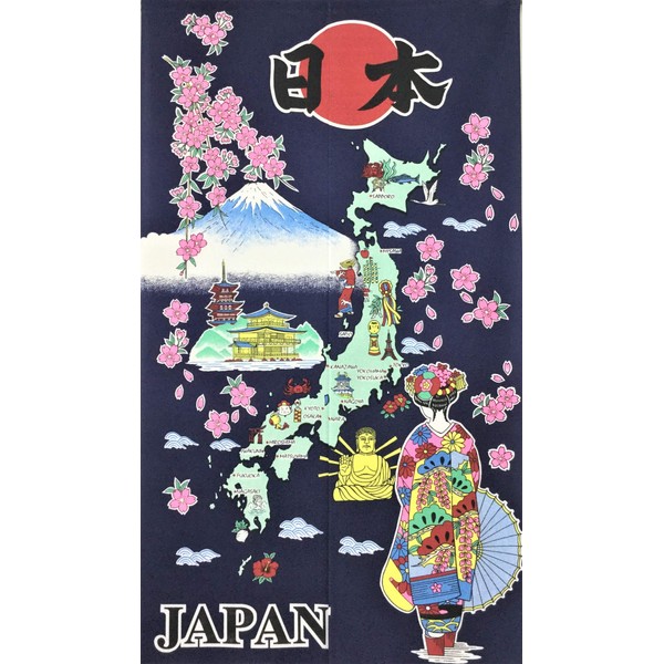 [Map Maiko Navy Blue, 59.1 inches (150 cm) Length] Noren Fashionable Blindfold Divider Curtain Lace Fabric Cute Cool Japan Gift Mt. Fuji Sakura Japan Map