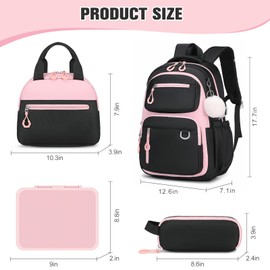 Bevalsa School Backpack for Girls, Bookpack with Bento Lunch Box, Insulated Bag & Utensils, 43oz Lunch Containers with 6 Compartment Schoolbag Set for Kids Elementary Middle Student (Black Pink)