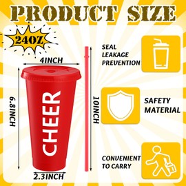 Layhit Cheer Teams Gifts Cheer Tumbler Cups Bulk 24 oz Reusable Cheer Plastic Tumbler with Straw and Lid Cheer Water Bottles for Team(Red,24 Sets)