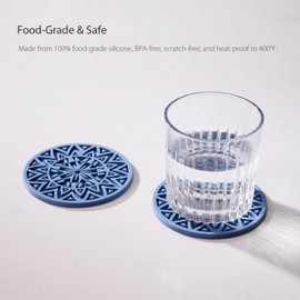 Hoomey Set of 6 Navy Silicone Coasters with Holder, Drink Coasters with Tribal Pattern Shape- for Table Protection, Anti Slip, Nonstick, Heat Resistant, Deep Tray