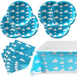 Blue Sky White Clouds Birthday Party Supplies, 20 Plates and 20 Napkins and Tablecloth, Blue Sky Cartoon Theme Birthday Party Decorations for Baby Kids Shower