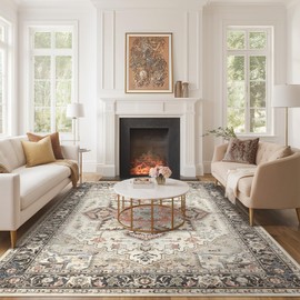 homewill Area Rug Living Room Rugs - 5x7 Soft Machine Washable Oriental Vintage Floral Distressed Rug Large Indoor Floor Carpet for Bedroom Under Dining Table Home Office Decor - Multi Cream