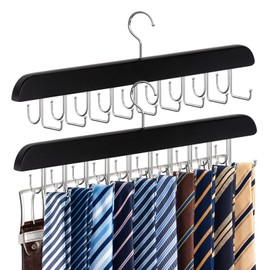 2 Pack 2-in-1 Belt and Tie Hanger for Closet, Upgraded Tie Rack with 20 Foldable Non-Slip Hooks, Max 30 Belts and 30 Ties, Space-Saving Wooden Tie and Belt Organizer for Camisoles, Bras, Scarves