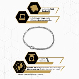 Akitsune Baca Chain Links Bracelet | 3mm Diameter | Box Rolo Chain Men Women Stainless Steel Carabiner Minimalist - Silver 17cm