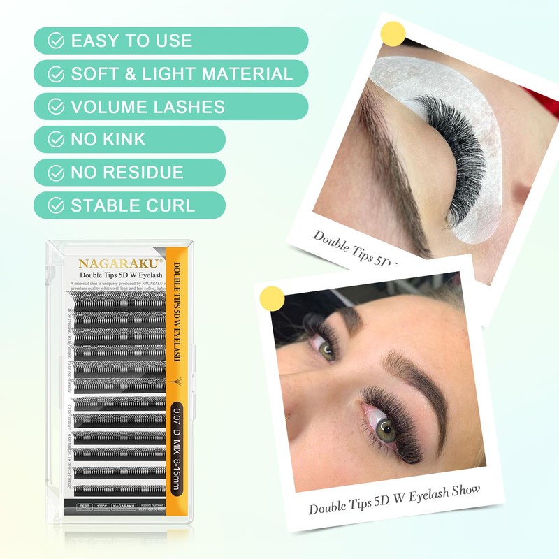 NAGARAKU Double Tips Eyelash Extensions, 5D W Shape Eyelash Extension,