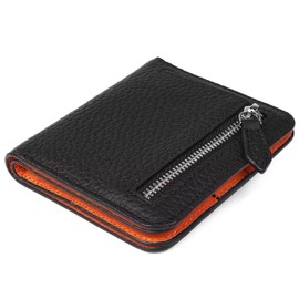 GADIEMKENSD Small Wallet Top Grain Leather RFID Blocking Mini Bifold Ultra Slim Minimalist Purse with Zipper Coin Pocket, Black/Orange, Minimal