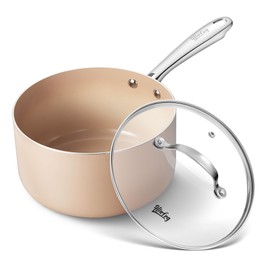 HLAFRG 3QT Nonstick Saucepan with Lid, Toxin-free Ceramic Coating, Small Pot with Stainless Steel Handle, Easy to Clean, Suitable for All Stoves&Oven Safe, Cream White Pan