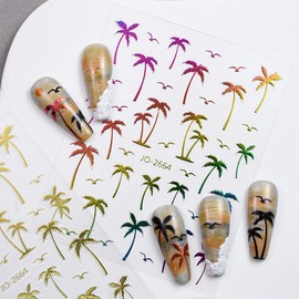 4 Sheets Coconut Tree Nail Art Stickers 3D Self-Adhesive Summer Nail Decal Gold Black Rainbow and Plain Silver Gradient Design Nail Decoration Nail Art Supplies for Women