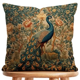 William Morris Abstract Art Floral Design Throw Pillow Cover Home Decor, Vintage Peacock Pillowcase Cover for Bed Sofa Living Room, Indoor and Outdoor, Square Cushion Cover (Peacock, 18x18inch)