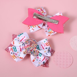 4" Glitter Happy Birthday Hair Bow Clips for Girls Ages 1-6, Pink Ribbon Cheer Bow Barrettes Alligator Hairpins, Confetti Ice Cream Party Dress Accessories, Her 2nd Birthday Gift