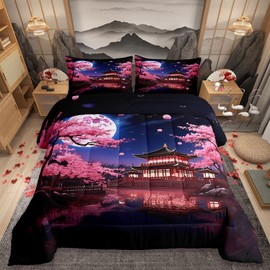 Pink Cherry Blossoms Comforter Set King Size,Japanese Style Building View Bedding Set for Kids Girls Women Men Bedroom Decor,Night Moon Quilt Set Romantic Exotic Duvet Insert,2 Pillowcases