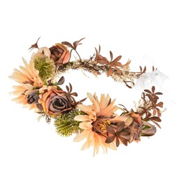 DDazzling Artificial Flower Crown, Peach and Rose Gold Wedding Headpiece, Floral Hair Wreath with Roses and Daisies