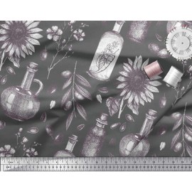 Soimoi Gray Rayon Fabric Sunflower & Jar Vintage Print Fabric BTY 42 Inch Wide