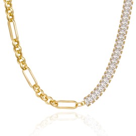 KissYan Gold Tennis Necklace for Women, 14K Gold Plated Diamond Cubic Zirconia Baguette Tennis Chain Paperclip Link Cuban Choker Dainty Jewelry Gifts(33A)