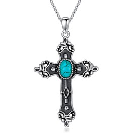DOLIOX Genuine Turquoise Cross Necklace for Women Black 925 Sterling Silver Western Boho Jewelry Vintage Gemstone Pendant for Her