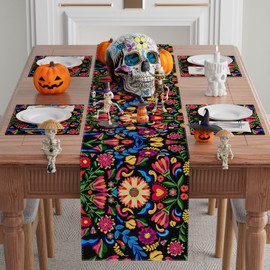 XCHI Dia De Los Muertos Camino de mesa de flores coloridas pimientas, decoración del día de los muertos, para el hogar, cocina, comedor, vacaciones, fiesta, decoración temática de fiesta, 13 x 36