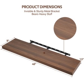 Woiusfor Floating Shelves 48 Inch Long, 9.3 Inch Deep Wall Shelf Fireplace Mantel, Rustic Farmhouse Wooden Shelves for Wall Decor Bathroom, Kitchen, Office (Walnut, Set of 1)